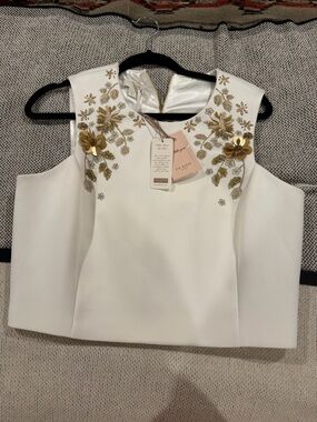 Ted Baker White Cropped Shell Top with Gold Floral Embellishment
